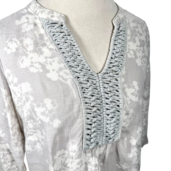 Boden Crochet Trim Tunic Blouse 100% Linen V-Neck Boho Coastal Cottage Size 10P - Picture 9 of 10